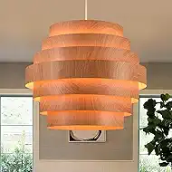 15.8" Farmhouse Drum Chandelier, 7-Tier Rustic Pendant Light Fixture with Faux Wood Metal Frame,E26 Base Modern Vintage Ceiling Hanging Lamp for Dining Room, Kitchen Island, Living Room