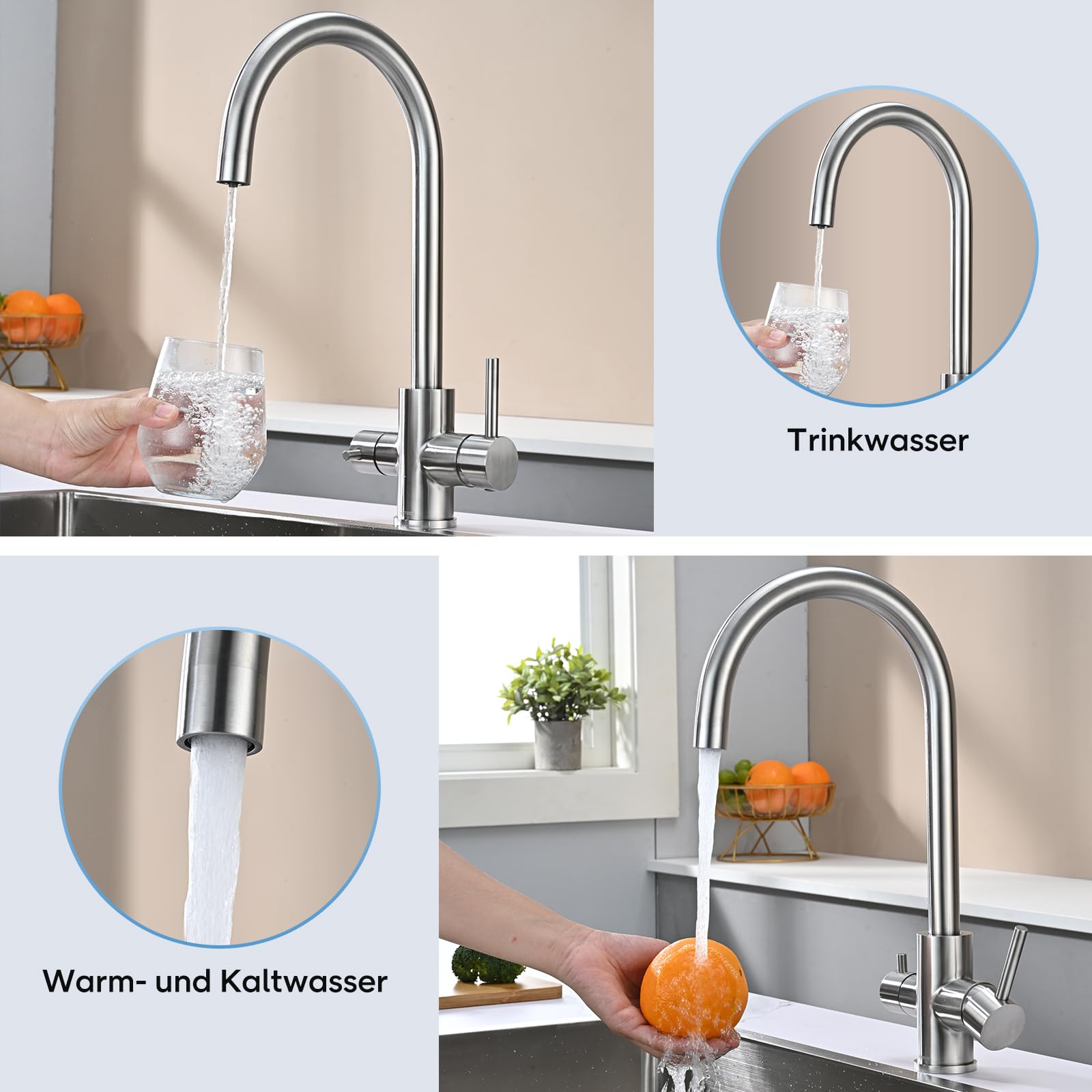 3-Wege-Küchenarmatur, DETBOM Wasserhahn für Küche mit Osmoseanlage, 360° drehbar, Doppelhebel, 3 in 1 Spültischarmatur für Wasserfilter, Edelstahl Gebürstet
