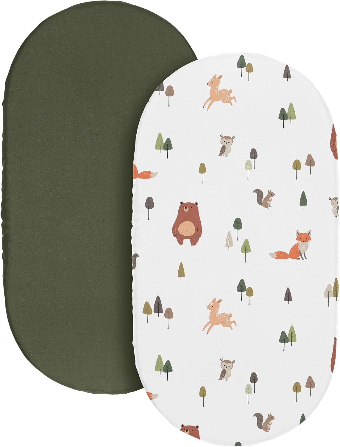 Sweet Jojo Designs 2-Piece Baby Bassinet Sheets Set (Woodland Animals) for Girls & Boys, Infant Nursery, Toddler Room - Oval Rectangle Hourglass Mattress (Solid Green & Watercolor, Forest Friend, Fox)