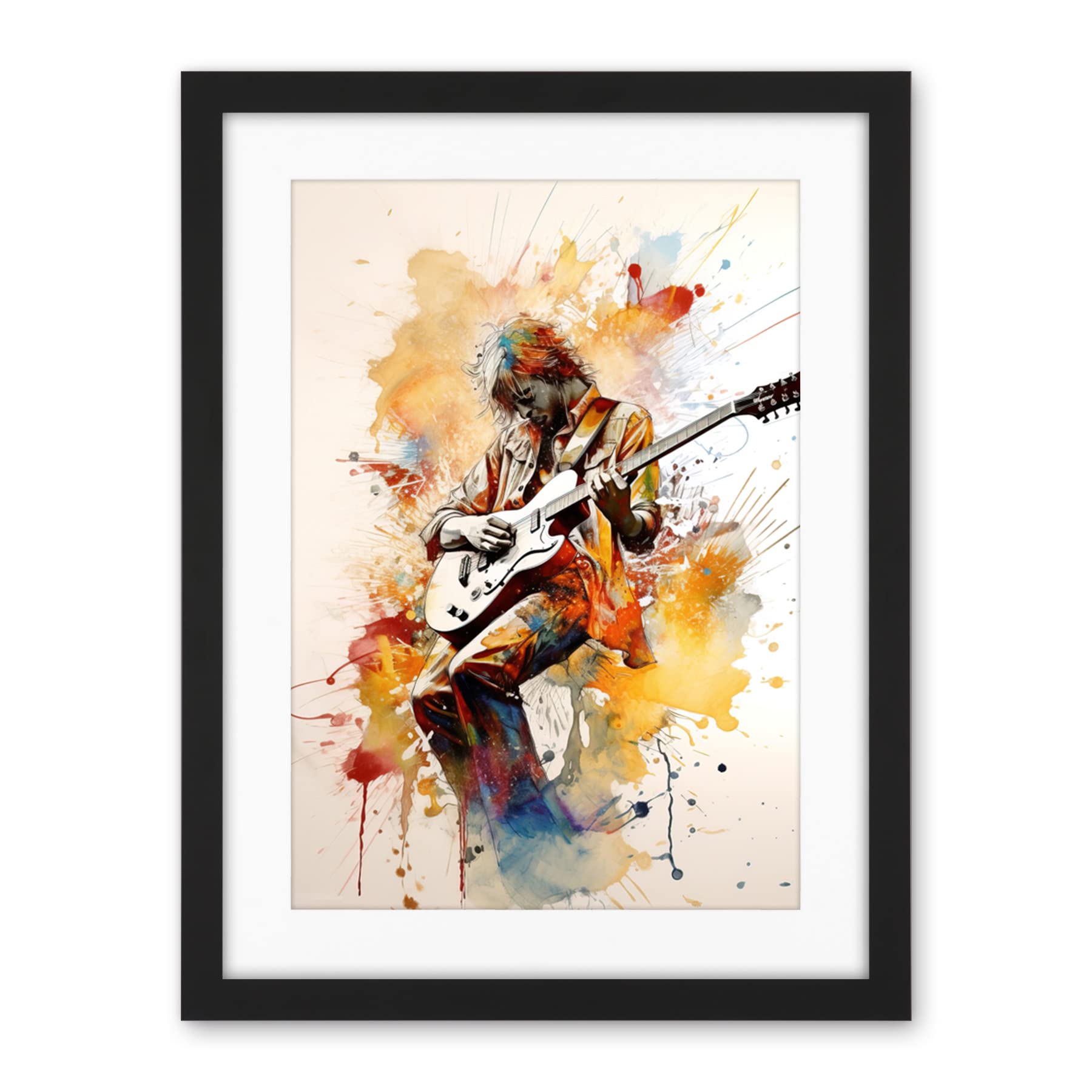 Artery8 Guitarist Musician Playing Solo on Electric Guitar Modern Watercolour Illustration Artwork Framed Wall Art Print 18X24 Inch