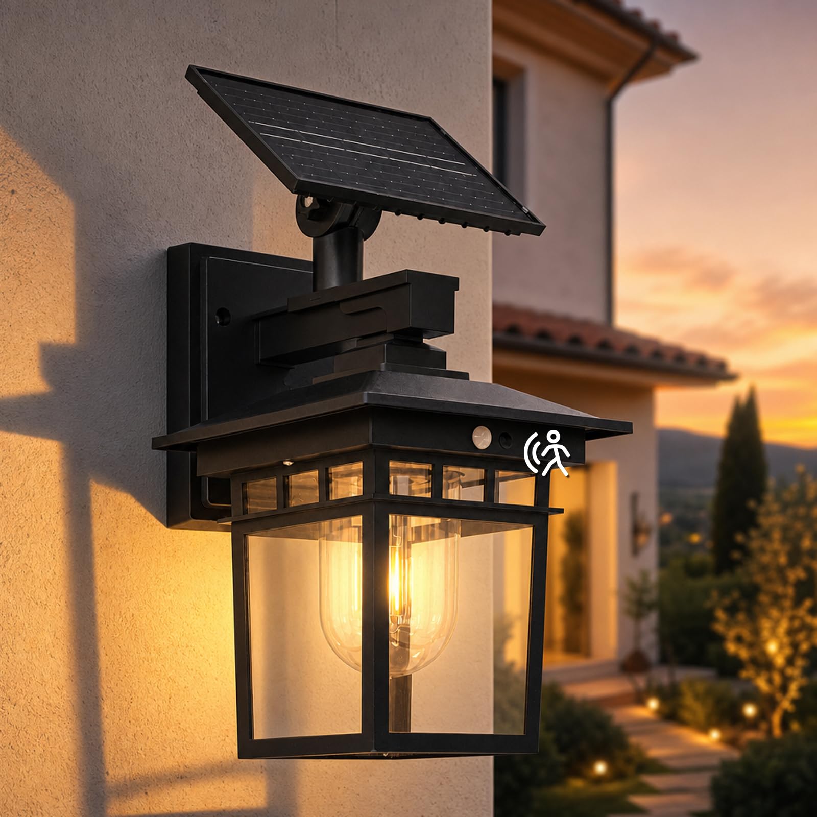 Yaolon Solar Wall Light Outdoor with Motion Sensor, 3 Smart Modes, IP65 Waterproof, Vintage Solar Lantern for Garden Patio Garage Yard