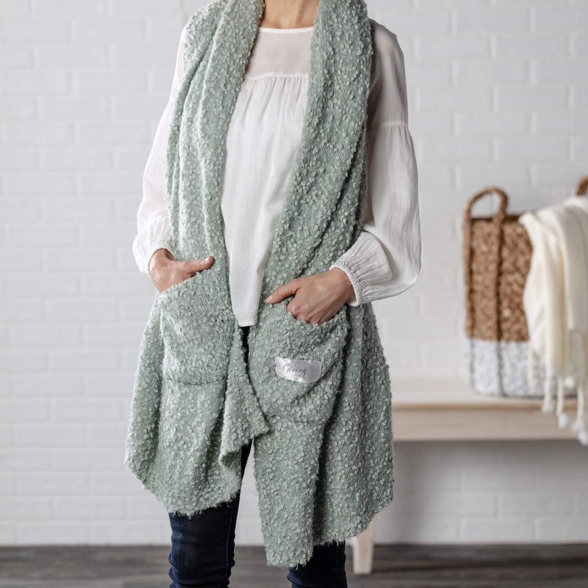 DEMDACO Giving Collection Giving Shawl with Pockets - Cozy Wrap for Women - Pockets - Soft Knit - Comfortable - Blanket-Style - Thoughtful Gift for Her - One Size - Sage Green