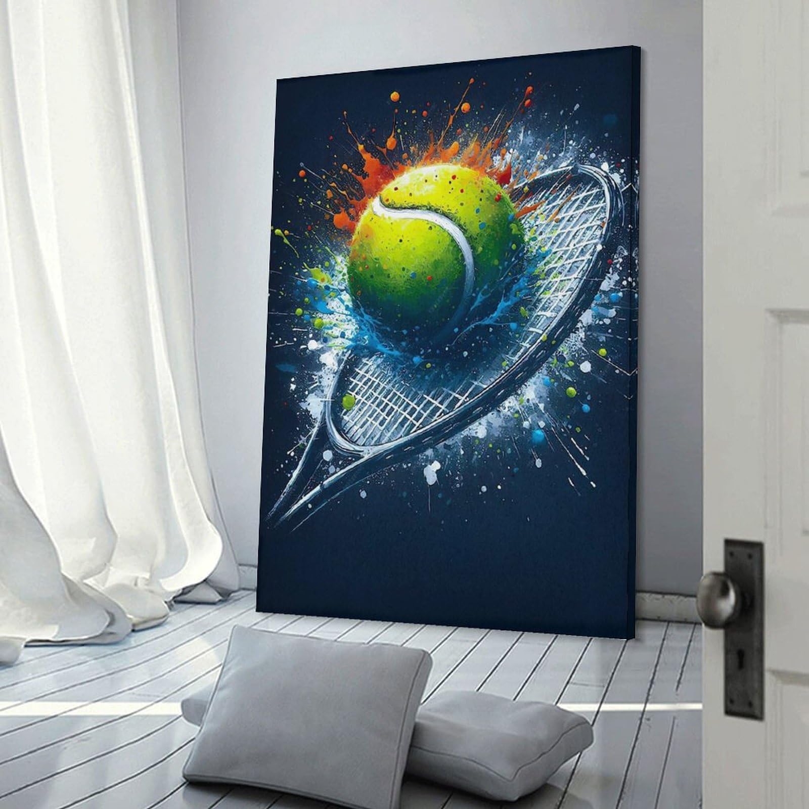 Junmoney Tennis Racket & Ball Painting Canvas Wall Picture, 24x36inch(60x90cm), for Wall Displays, Bedrooms Or Room Updates, Wall Decor Suited to Curated Displays