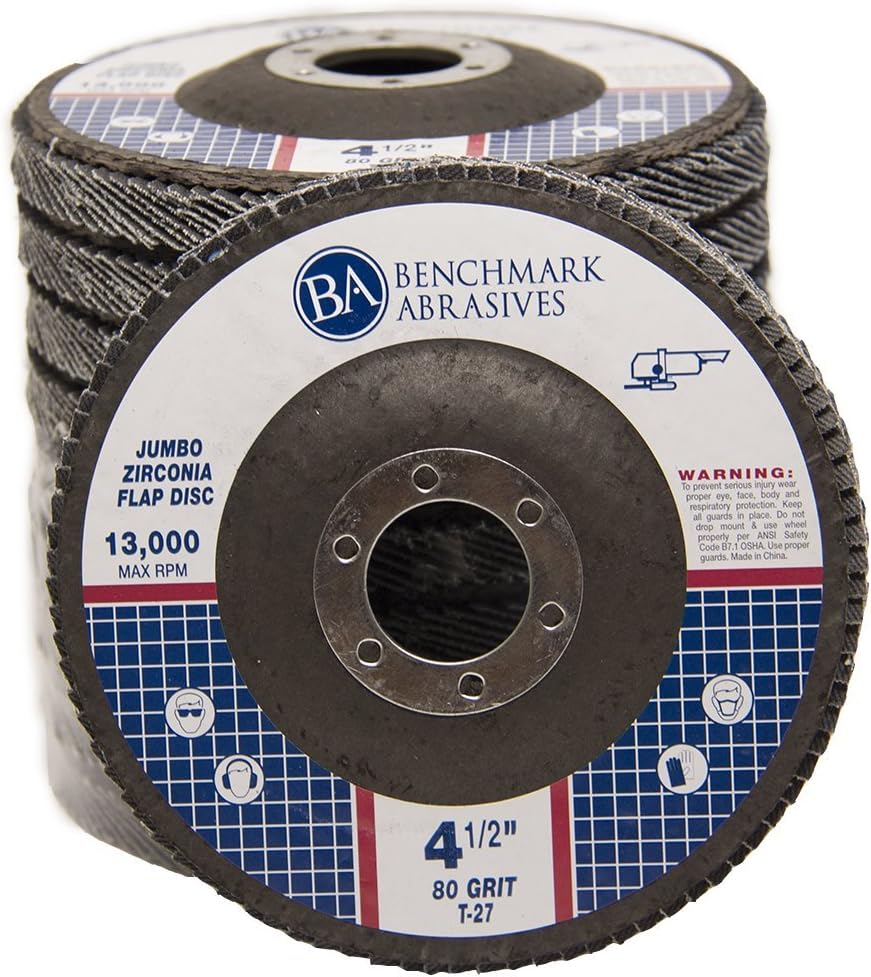 Benchmark Abrasives 4.5" x 7/8" Premium High-Density Jumbo Zirconia Type 27 Flap Discs for Sanding, Stock and Rust Removal, Finishing, Grinding, Deburring (10 Pack) - 80 Grit