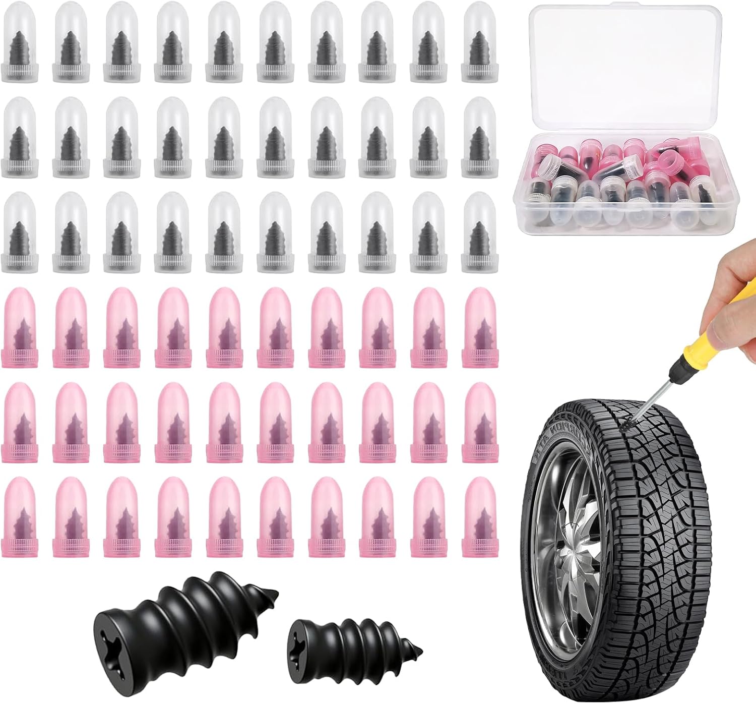 60PCS Tire Repair Rubber Nail, 2 Sizes Vacuum Tire Plug Screws, Car Quick Fix Tire Plug Kits, Self Service Tire Repair Tools for Car, Motorcycle, Truck, Tractor Puncture, with Box Packaged