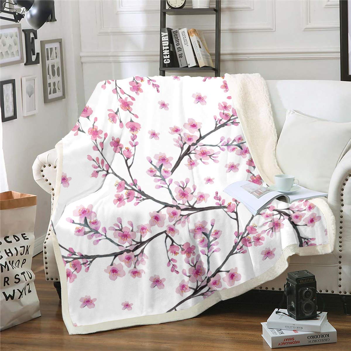 Loussiesd Girly Pink Floral Print Blossom Flowers Fleece Throw Blanket for Sofa Couch Chic Botanical Sherpa Blanket Tree Branches Decor Warm King 87"*94"