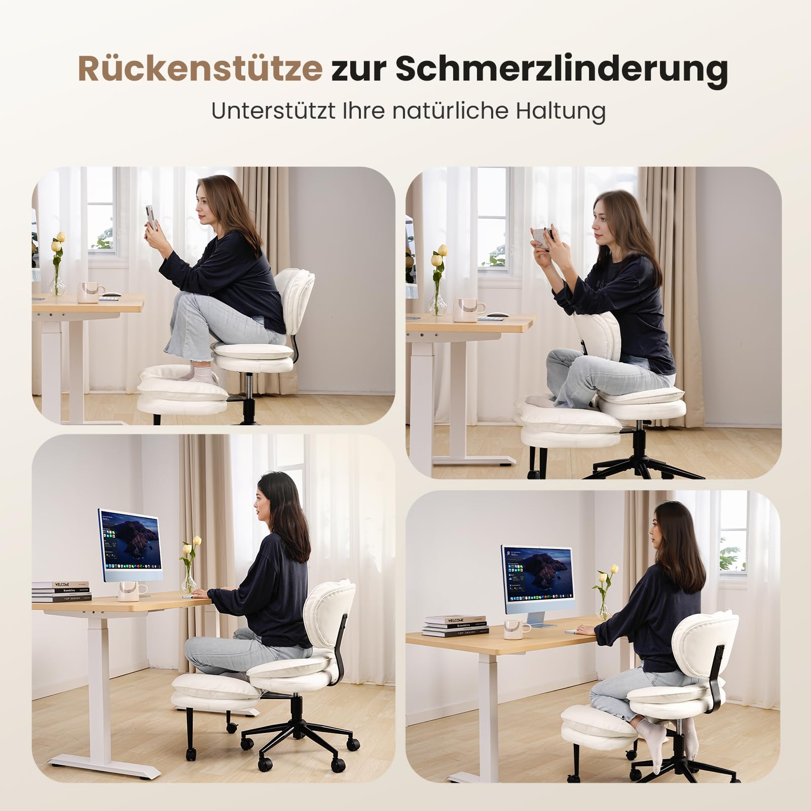 HOMRELEXA Cloud Criss Cross Chaise de bureau, ergonomique, avec roulettes, hauteur réglable, pivotante à 360 °, pour ADHD, chaise de méditation avec soutien dorsal Blanc