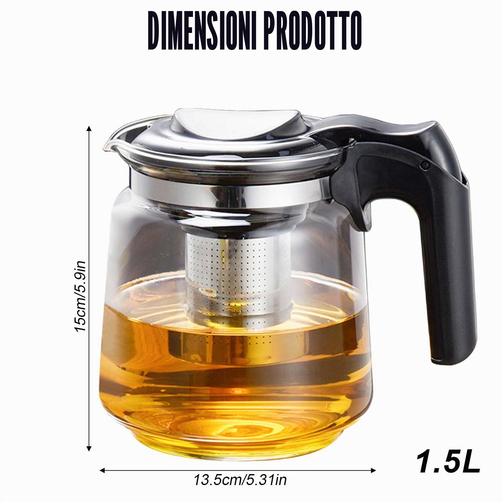 Teiera in vetro di alta qualità, 1,5 l, con coperchio, resistente al calore, con infusore in acciaio inox, per preparare tè sfusi