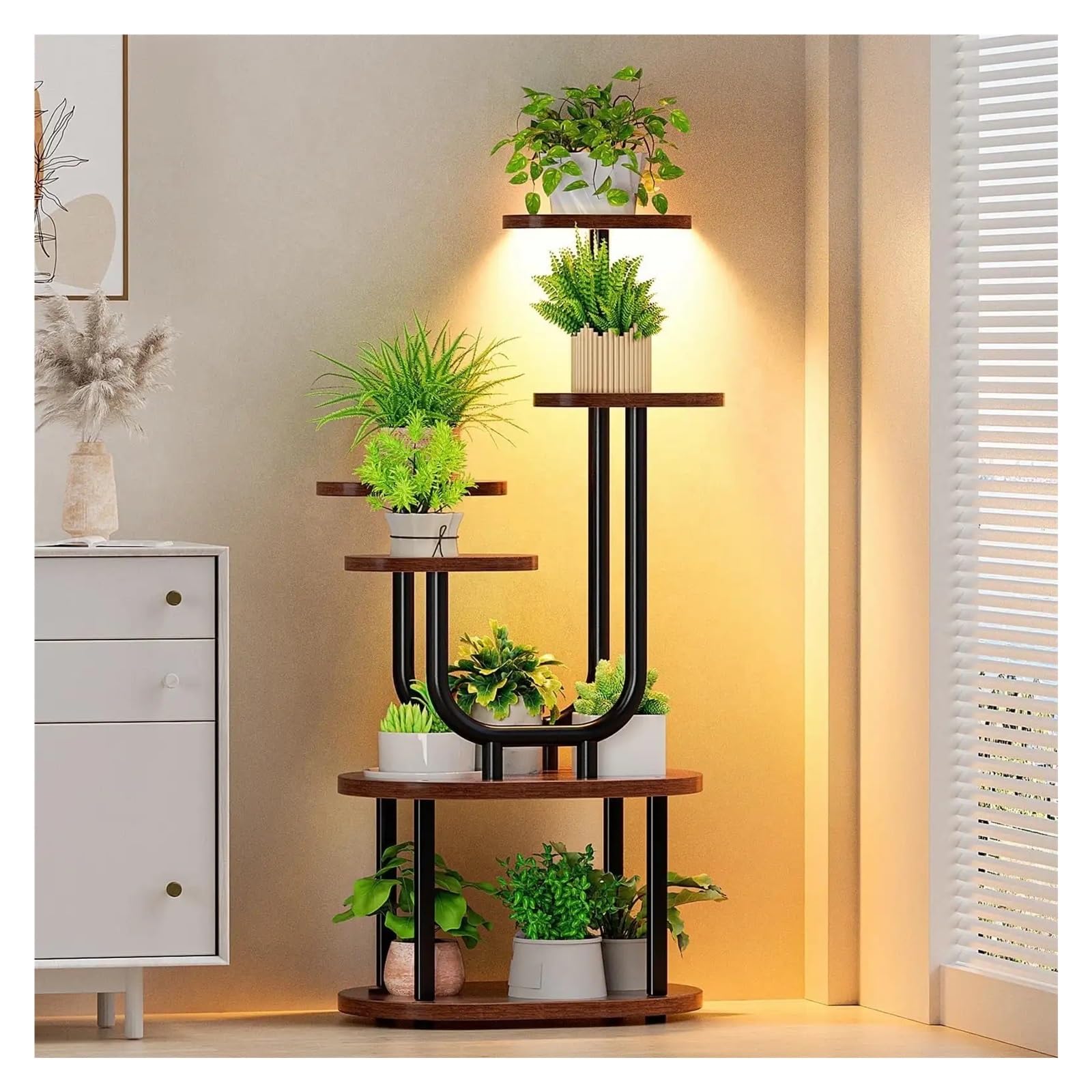 LINYpA66 Plant Stand Indoor Stand Indoor with Grow Lights, 41.5" Tall Multiple Plant Shelf, Lighted , Double U-Shaped Corner Plants(6tieru-shape)