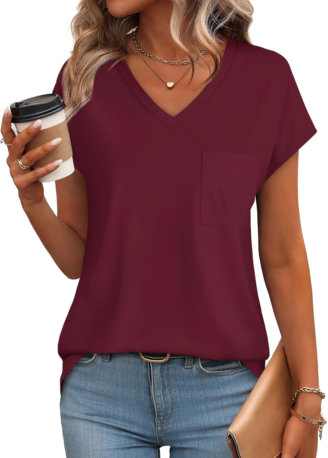 Shirts for Women Short Sleeve Trendy Tops Work Casual Summer T Shirts V Neck Vintage Tees with Pocket Burgundy M - Image 2