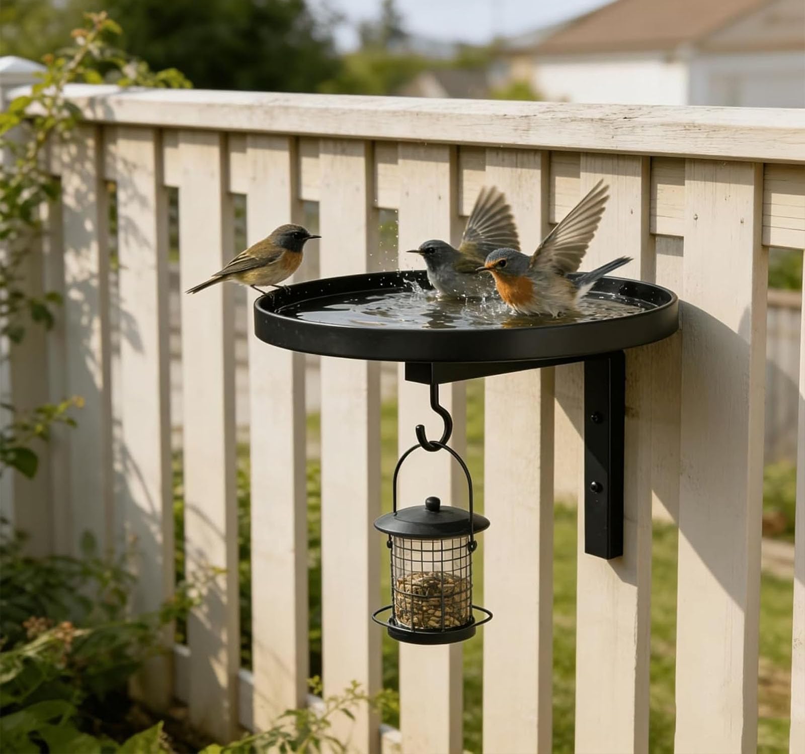 Vaschetta per il bagno degli uccelli in metallo montata a parete, vasca per uccelli all'aperto 2 in 1 e vassoio per mangiatoia con gancio per appendere, per giardino, patio, recinzione, albero (2PC)