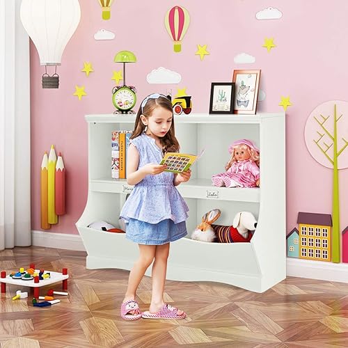 Miniatura 3 de Organizador de almacenamiento de juguetes, cubo abierto para niños con 2 estantes y 4 contenedores, gabinete de almacenamiento de juguetes