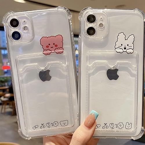 Miniatura 9 de Funda compatible con iPhone 13 Mini, bonita funda de dibujos animados kawaii con diseño de oso de conejito transparente para tarjetas de crédito,