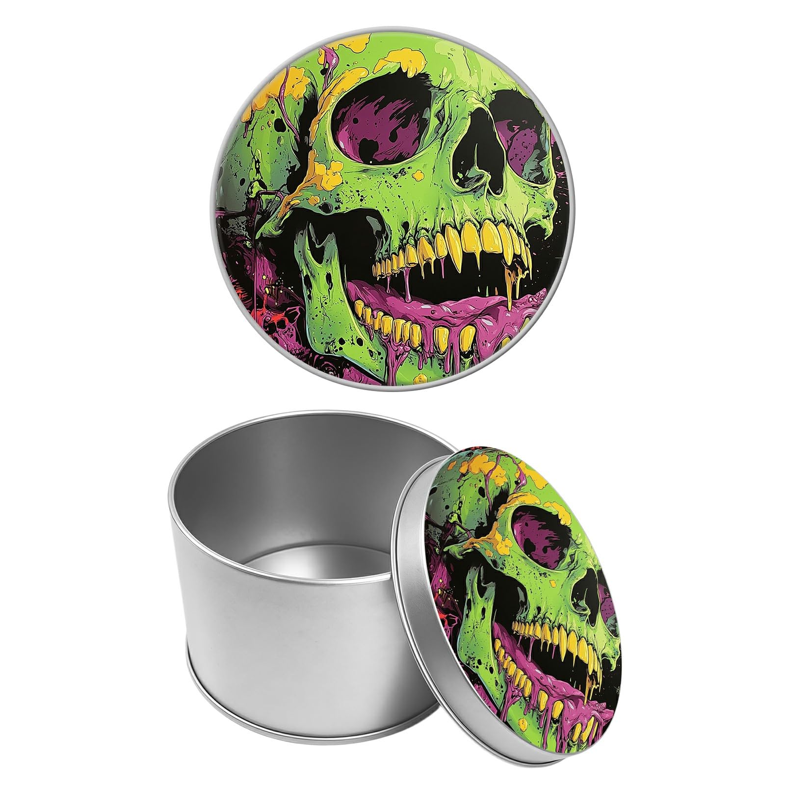 Round Metal Tin Container with Removable Lid, Melting Skull Durable Metal Storage Box for Cookies Spices Tea Candies Cakes Jewelry Cosmetics 3.54 x 2.36 inch– Single Pack