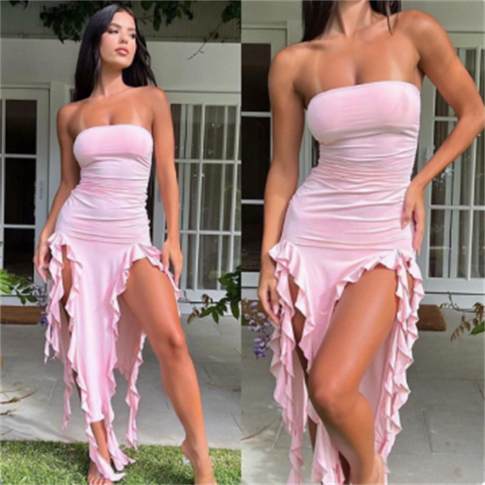 sweetina ruched asymmetrical hem tube dress Ruffle-Trim Strapless Gown in Light Pink - 14