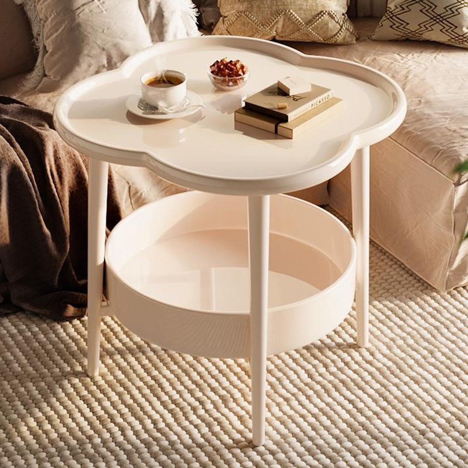 SXZenSpace Four Leaf Clover Side Table with Raised Edges,Freestanding Coffee Tea Table,Side Tables for Couch,Living Room,Bedroom,Small Space,cream