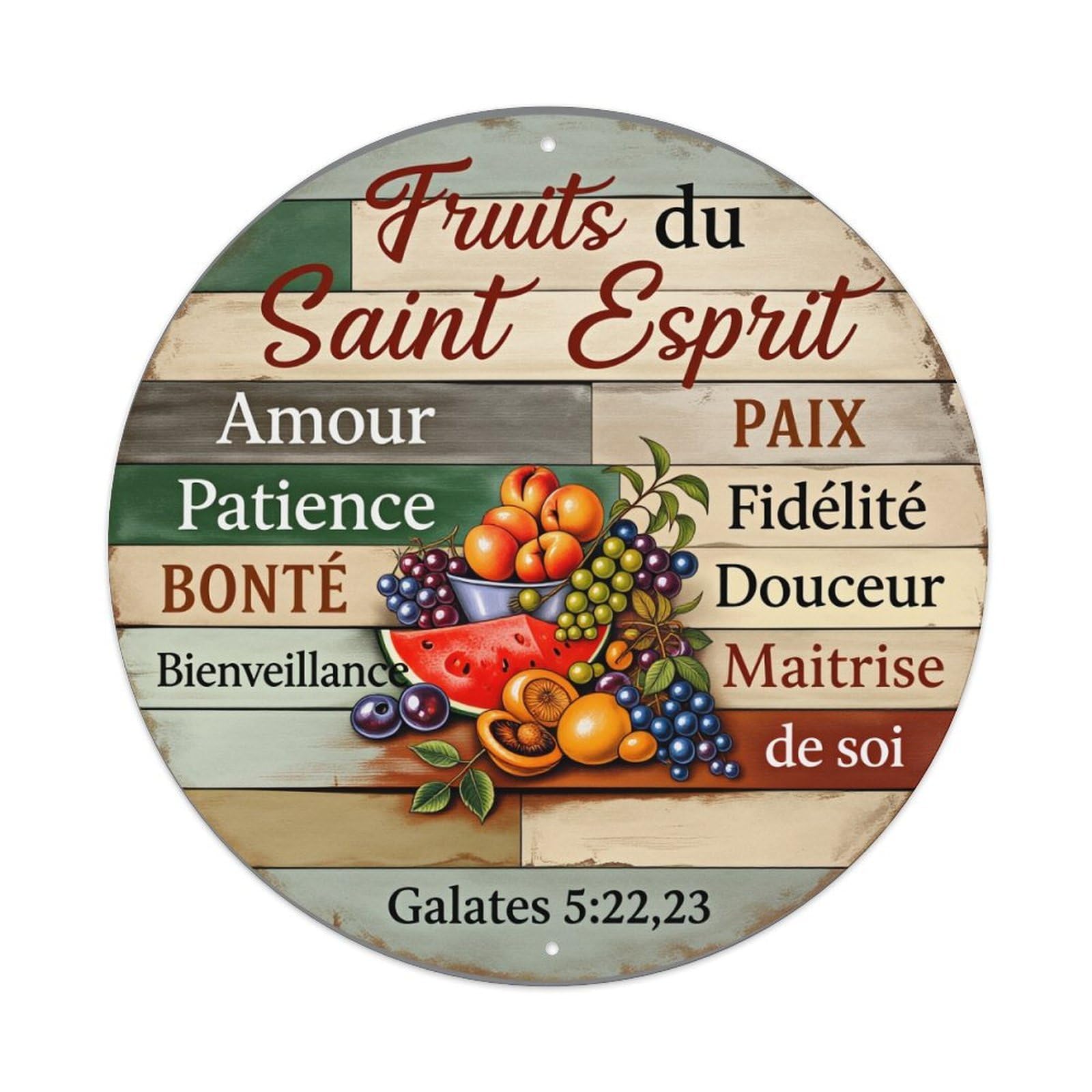Fruits of The Holy Spirit Love Patience Kindness Goodness Peace Round Tin Sign Vintage Style Metal Sign Home Bar Garden Wall Plaque Decor Metal Poster 8x8 Inch