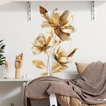 Flower Wall Stickers Floral Plants Wall Art Decals for Bedroom Living Room Sofa TV Background Home Decor Gold
