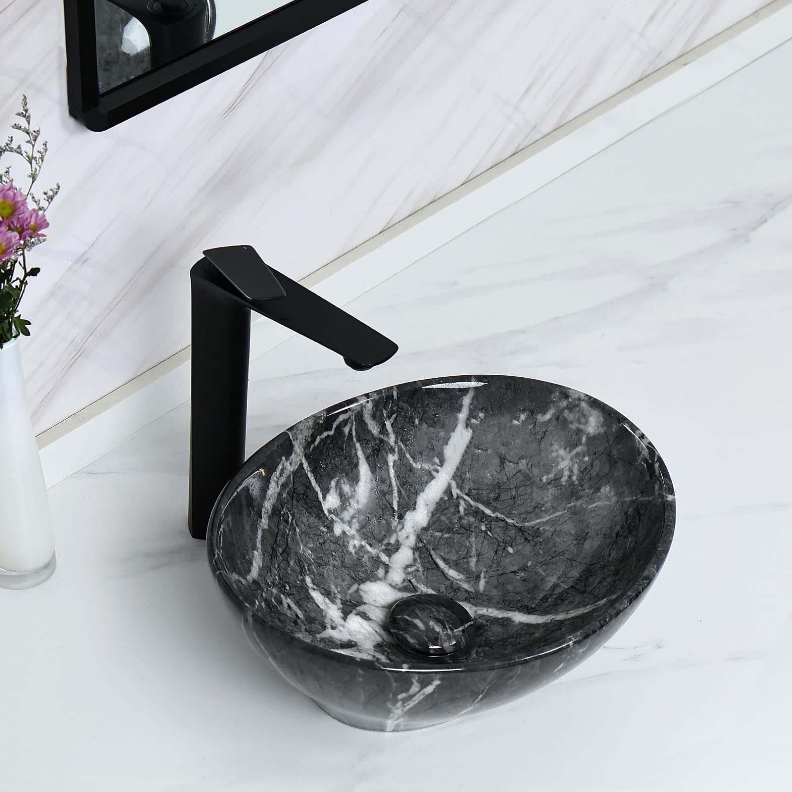 Fregadero ovalado de mármol nórdico de 16 x 13.2 pulgadas con drenaje desplegable, lavabos de baño, fregadero de cerámica, fregaderos de baño sobre encimera, cuencos ovalados para baño 9
