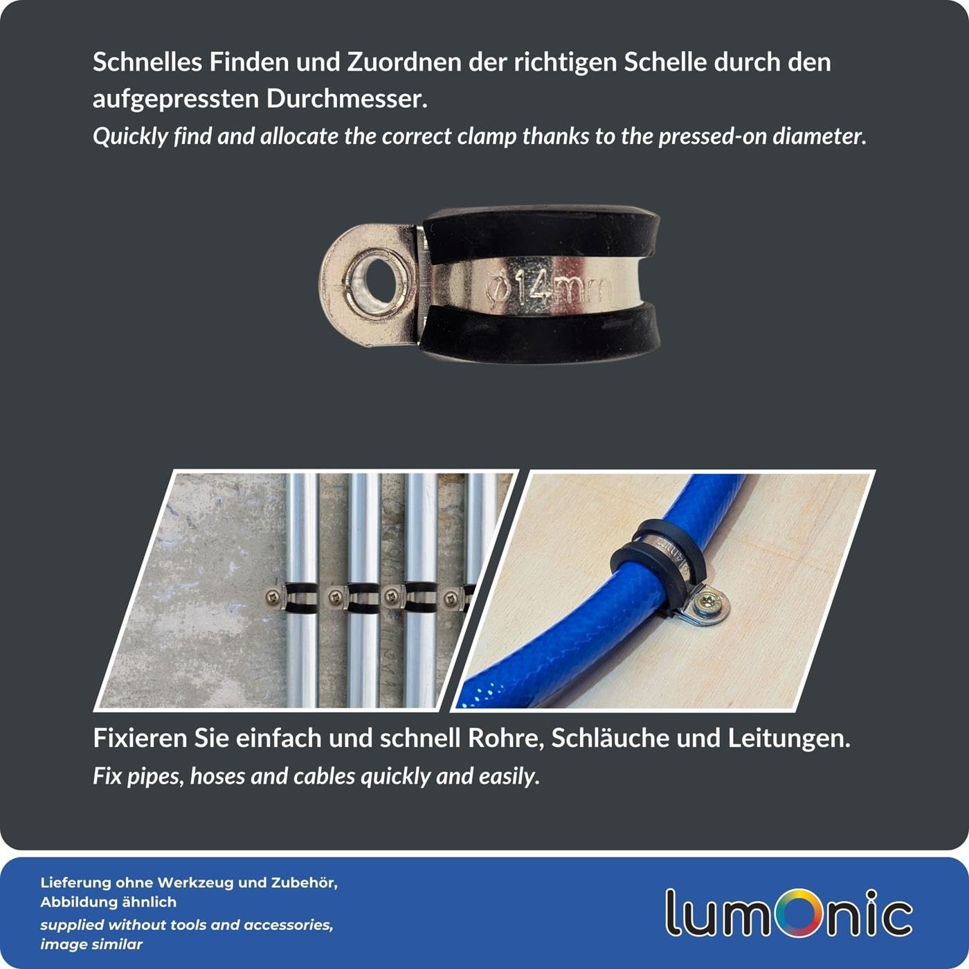 Lumonic 5x 5mm abrazaderas de tubo con inserto de goma acero inoxidable V2A I abrazaderas de cable para atornillar I abrazadera de manguera 5mm, abrazadera de fijación 5mm, soporte de tubo