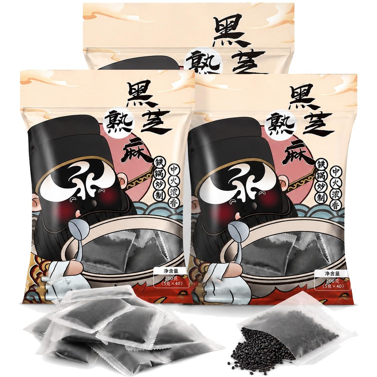Semillas de Sésamo Negro Tostado Puro 200g - 40 Bolsitas Individuales | Condimento listo para comer. Porciones en sobre, crujiente para ramen, ensaladas, bento y guarniciones.(3pcs)