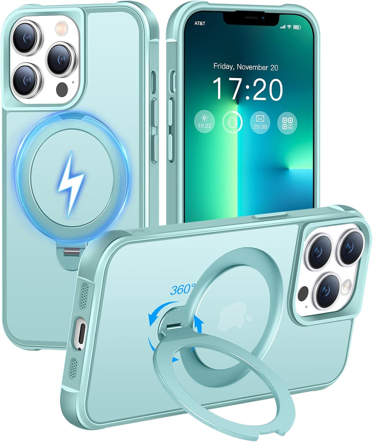 HuwaiH 360° Rotatable Magnetic Ring Stand for iPhone 13 pro Case, Compatible with MagSafe, Military-Grade Shockproof, Anti-Scratch Matte Translucent Phone Case for iPhone 13 pro(Lake Blue)