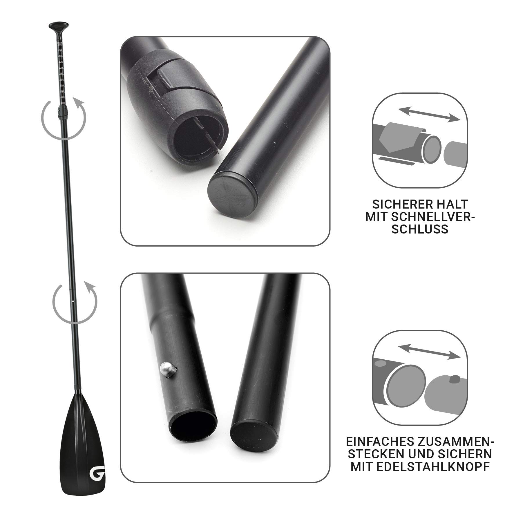 Premium SUP-Paddel für Stand up Paddling Board – robustes Alu-Paddel mit Kunststoffblatt – schwimmt ohne unterzugehen – kleines Packmaß (3-Teilig) – Größe individuell verstellbar