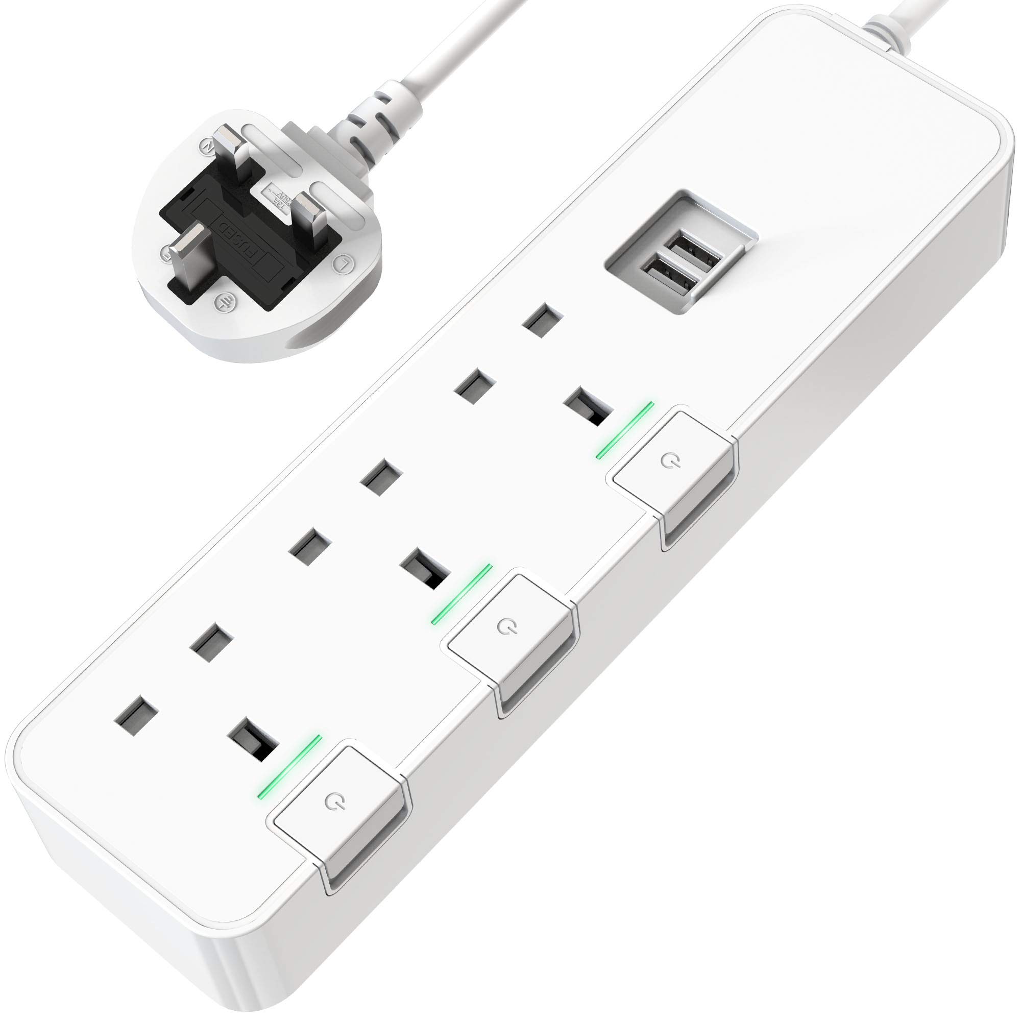 Extension Lead with USB Slots, ONLYWIN 13A 3120W Universal Power Strip [3AC+2USB] with Individual Switch, Multi Plug Socket with 1.7m Extension Cable, Power Plug Strip for Home Office Travel, White