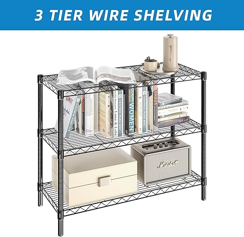 Miniatura 6 de Estantería de metal ajustable de 3 estantes para oficina, cocina, dormitorio, baño, lavandería, despensa, sótano, garaje (negro, 36 pulgadas de