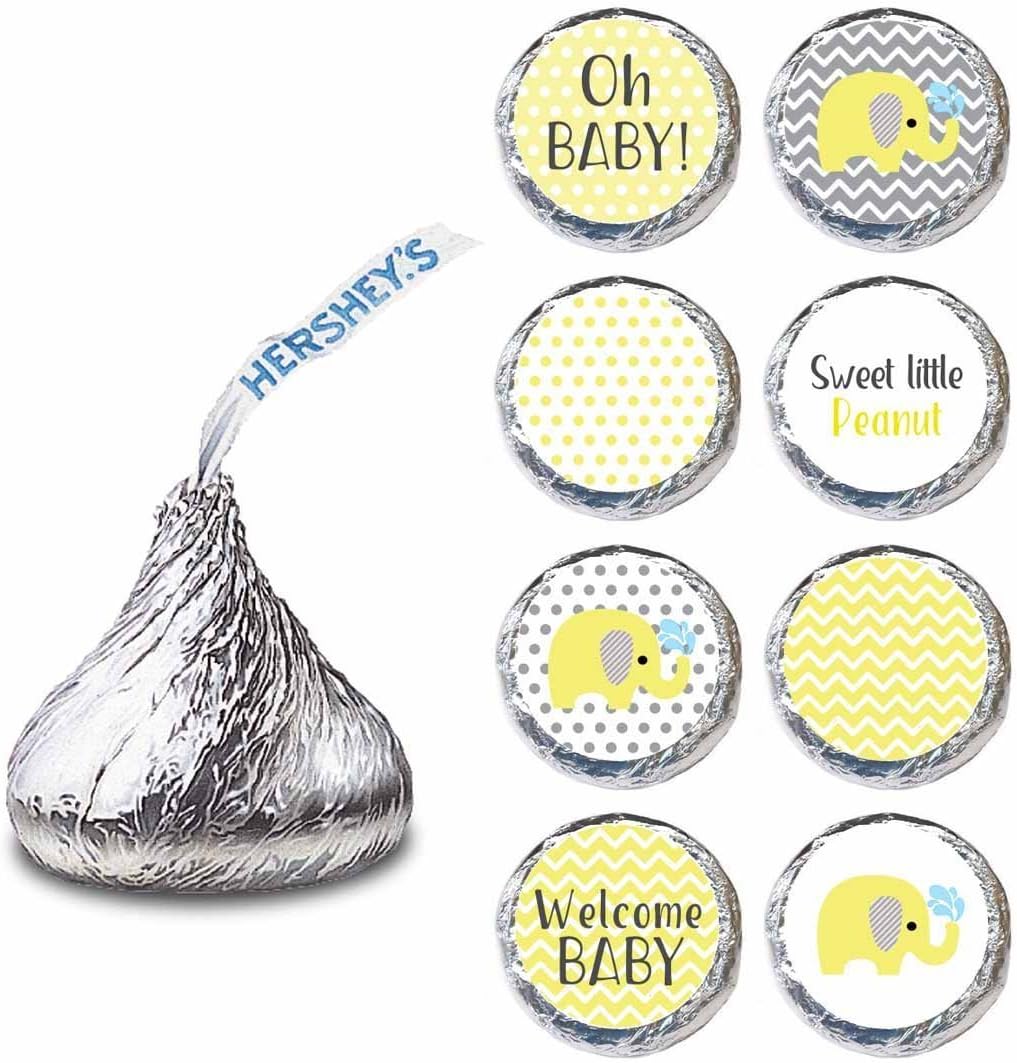 Yellow Gray Elephant Labels for HERSHEY’S KISSES Chocolates By Adore By Nat - Baby Shower Candy Sticker - Set of 240
