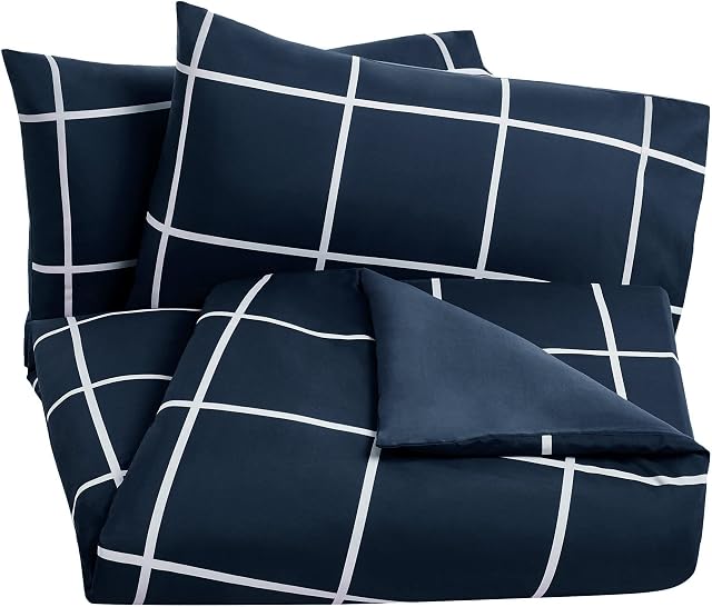 Amazon Basics Microfiber Duvet Cover Set, Light weight  200 x 200 cm, Double - Navy Simple Plaid