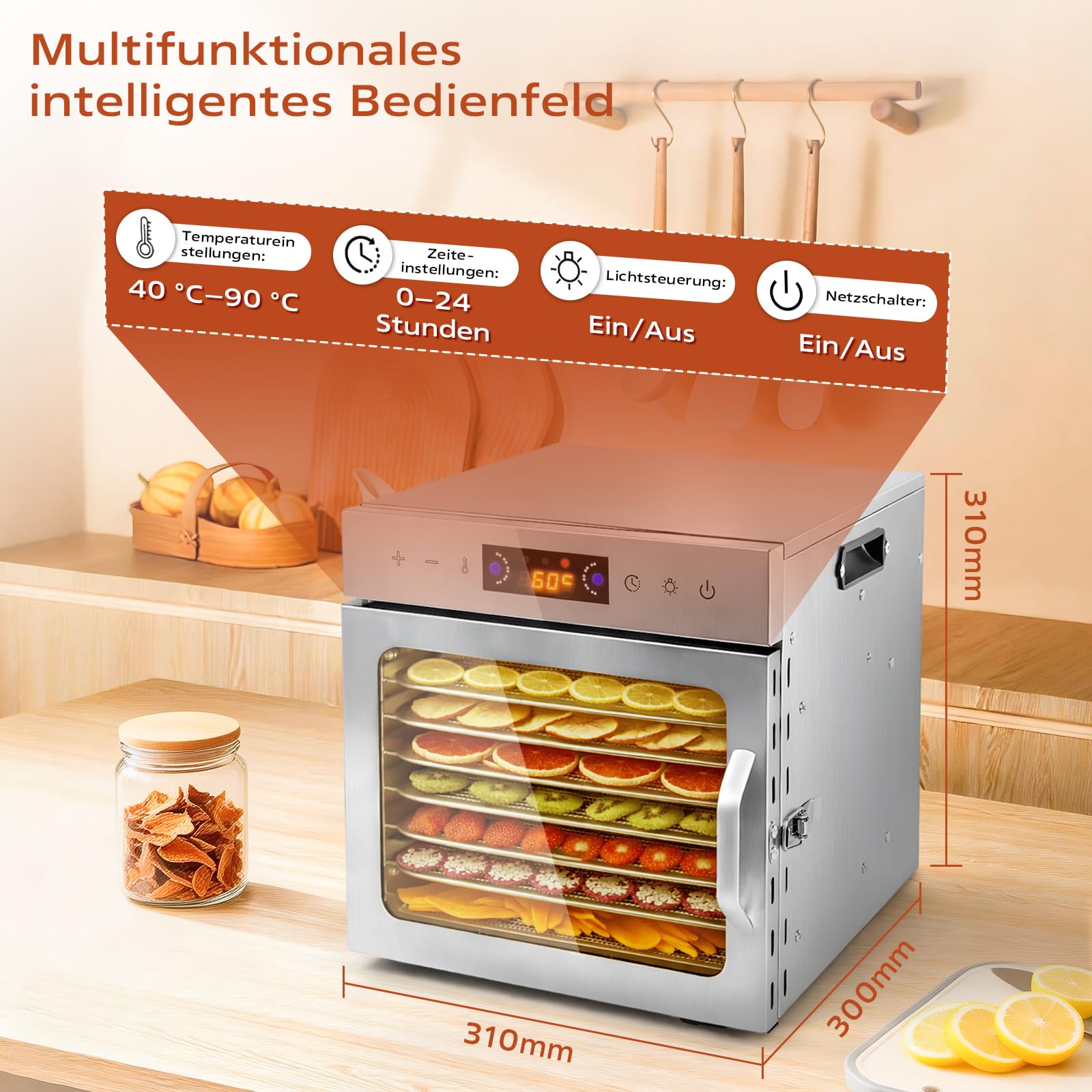 Dörrautomat Edelstahl mit 8 Stainless Steel Grids und 8 er Dörrfolie, BPA-frei, Einstellbare Temperatur von 35–90°C, Für Obst, Gemüse, Fleisch und Kräuter, Inklusive Rezeptbuch