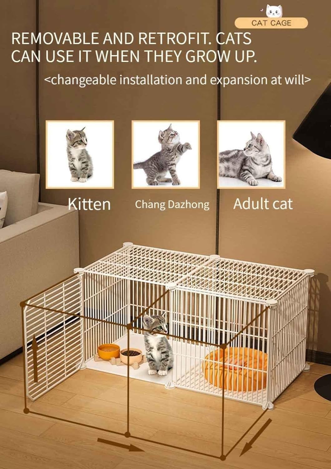 Gabbia per gatti a 2 livelli, piccola gabbia per gatti da interni, cuccia fai da te staccabile, in filo metallico con 3 porte, per piccoli animali e conigli