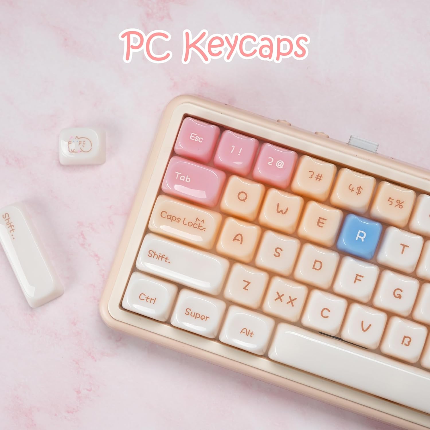 Jelly Jade Keycaps, Translucent Cute Ragdoll Cat Key caps, Mao Profile, Custom 148 Keys Set for 100%, 75%, 65%, 60% Mechanical Keyboard (Pink)