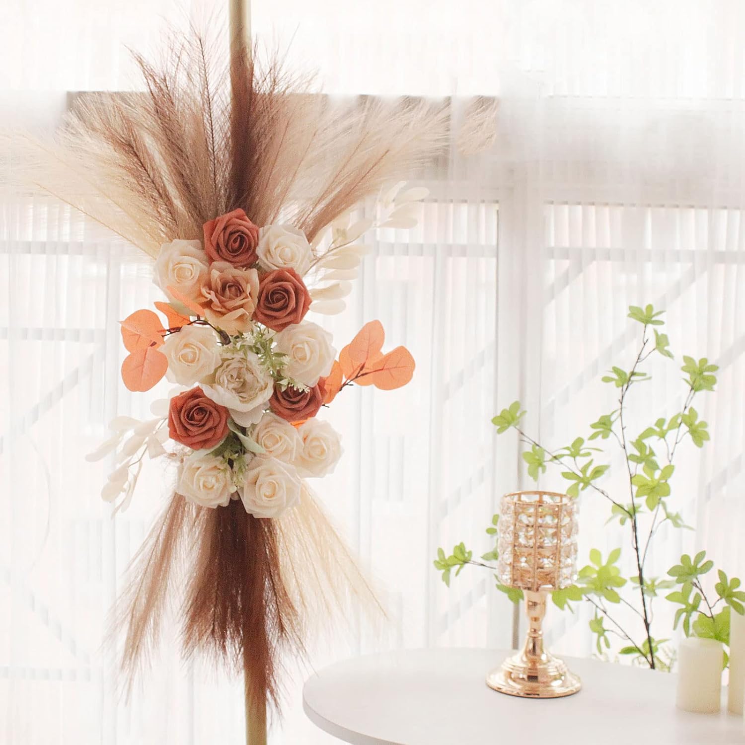 Rose Swag Arch, Wedding Arch Flowers with Faux Pampas Grass, Boho Reed Plumes Floral Swags for Wedding Ceremony Sign, Artificial Flower Garland for Wedding Home Decor, 31.5x15.7inch