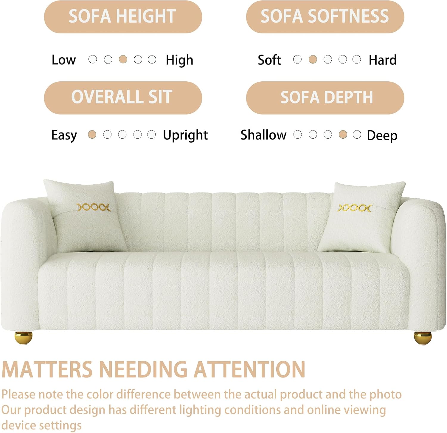 83" Luxury Velvet Sofa Comfy 3 Seat Couch Loveseat Sofa Cream Mid Century Modern Tufted Couch for Living Room Beige Love Seat Sofa with Gold Legs 2 Pillows for Living Rooms Apartments（53-White）