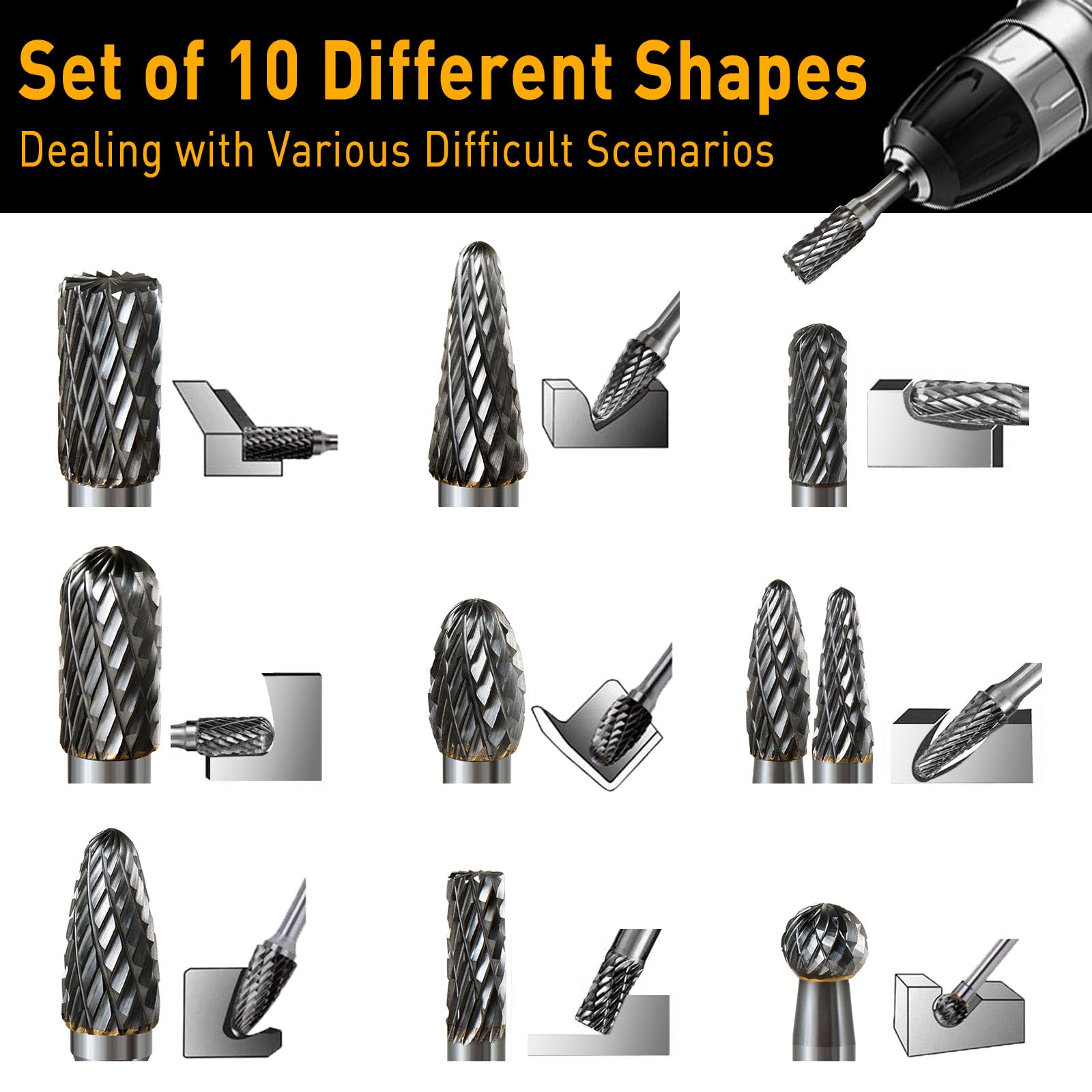 10 Pcs Carbide Burr Set 1/4 Shank w/Big Beech Holder Die Grinder Bits Drill Bits Grinding Bits for Metal Rotary Tool Attachment Accessories Rasp Weld Wood Stone for Milwaukee Dewalt — Amazon image 5