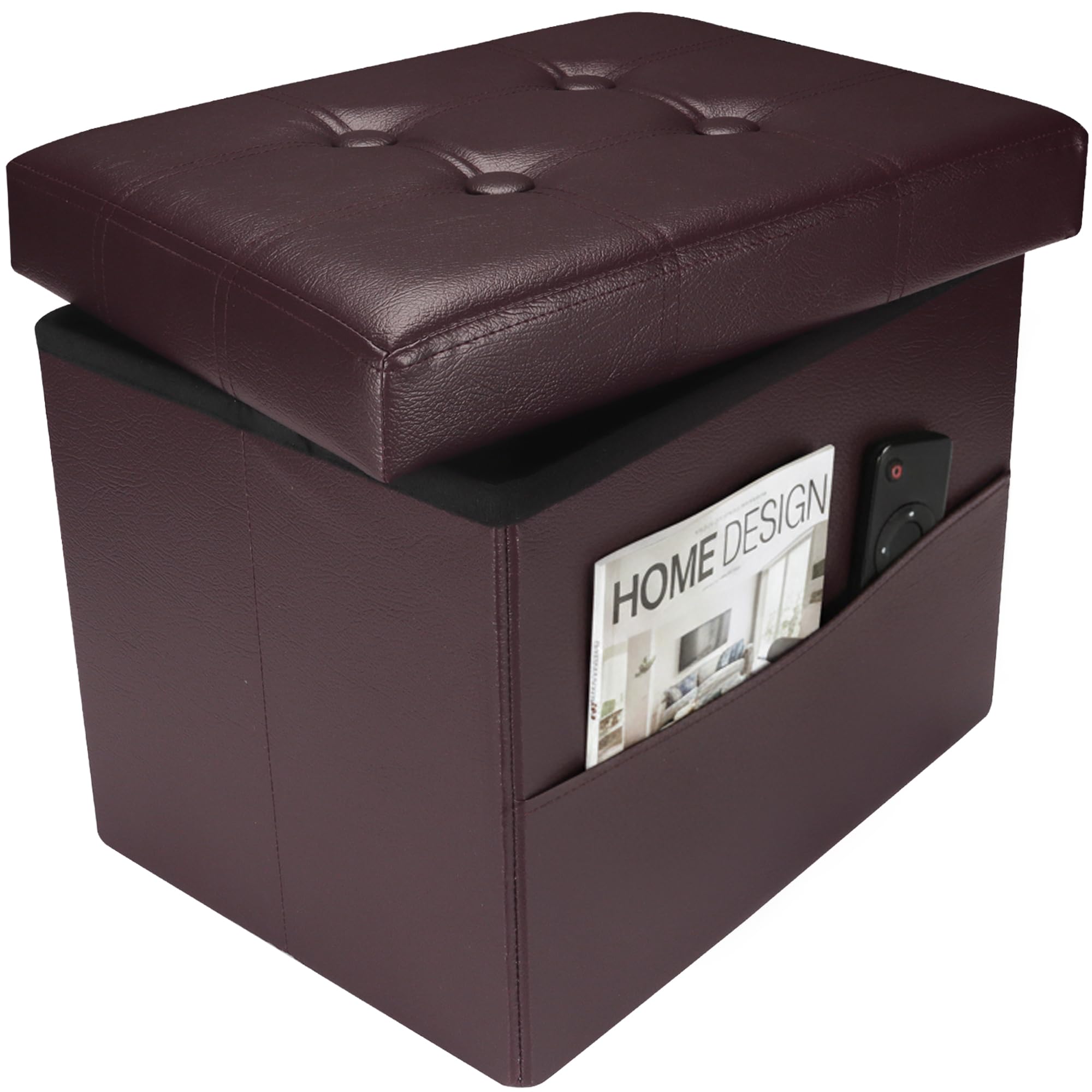 Ottoman with Storage,17 Inch Leather Folding Foot Rest Stool,Brown