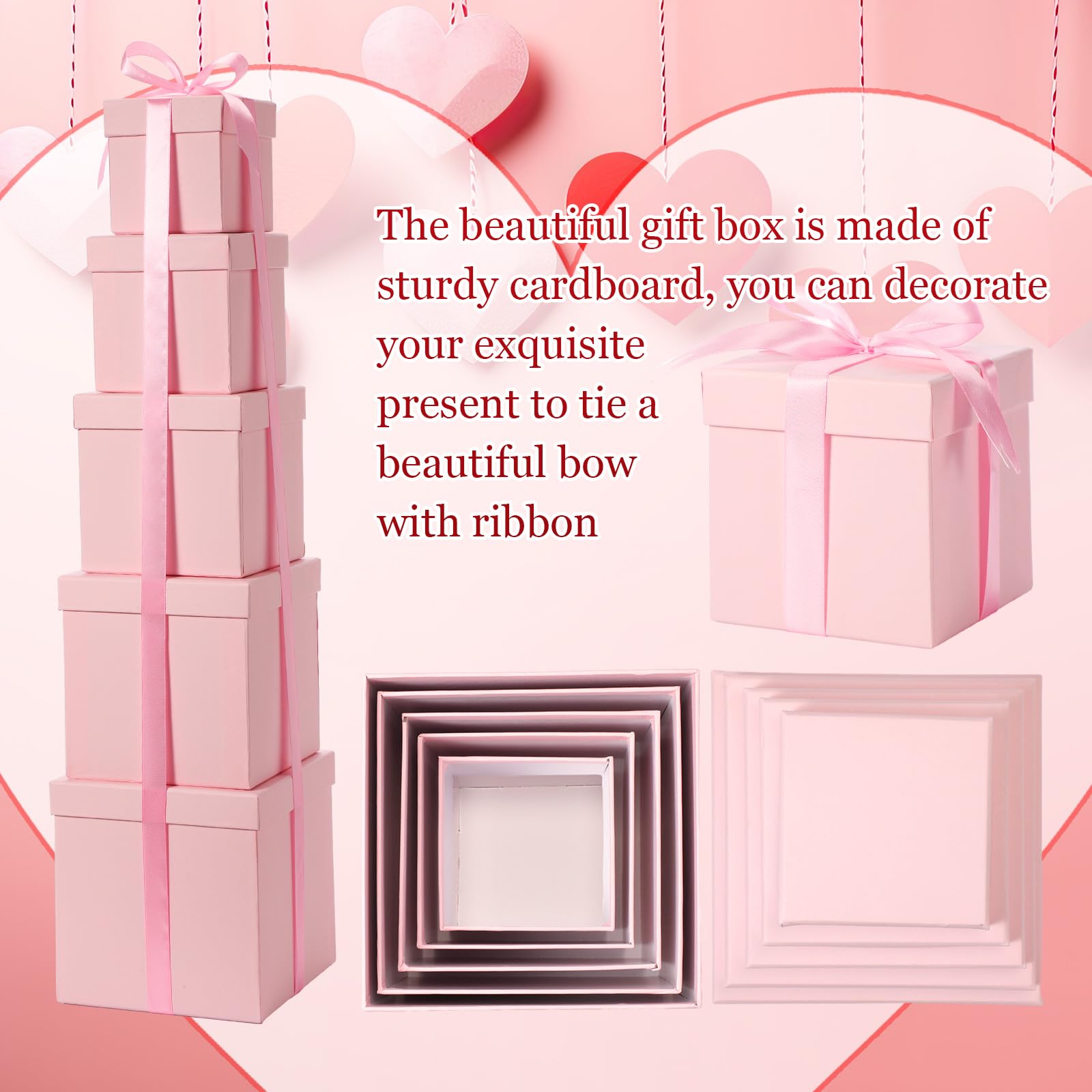 Cholemy Geschenkboxen (5er-Set) mit Deckel, quadratisch, verschiedene Größen, Karton, 17,5-10 cm, für Geburtstag, Hochzeit u.v.m.