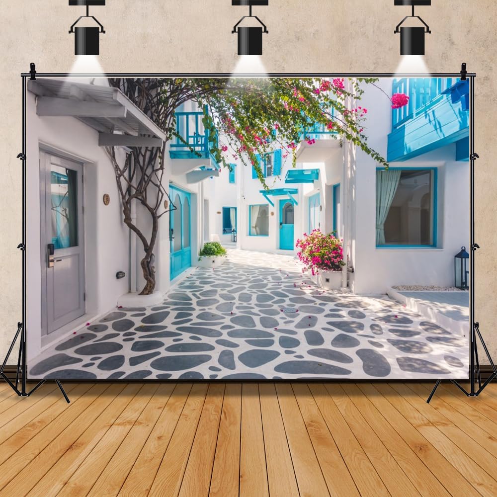 Leowefowa Winylowe greckie tło fotograficzne Santorini Grecja Wąska Ulica Tło Maroko Grecja Wesele Tło Muzyczny Dramat Tło Ślubne Ślub Fotobudka Rekwizyty Baner
