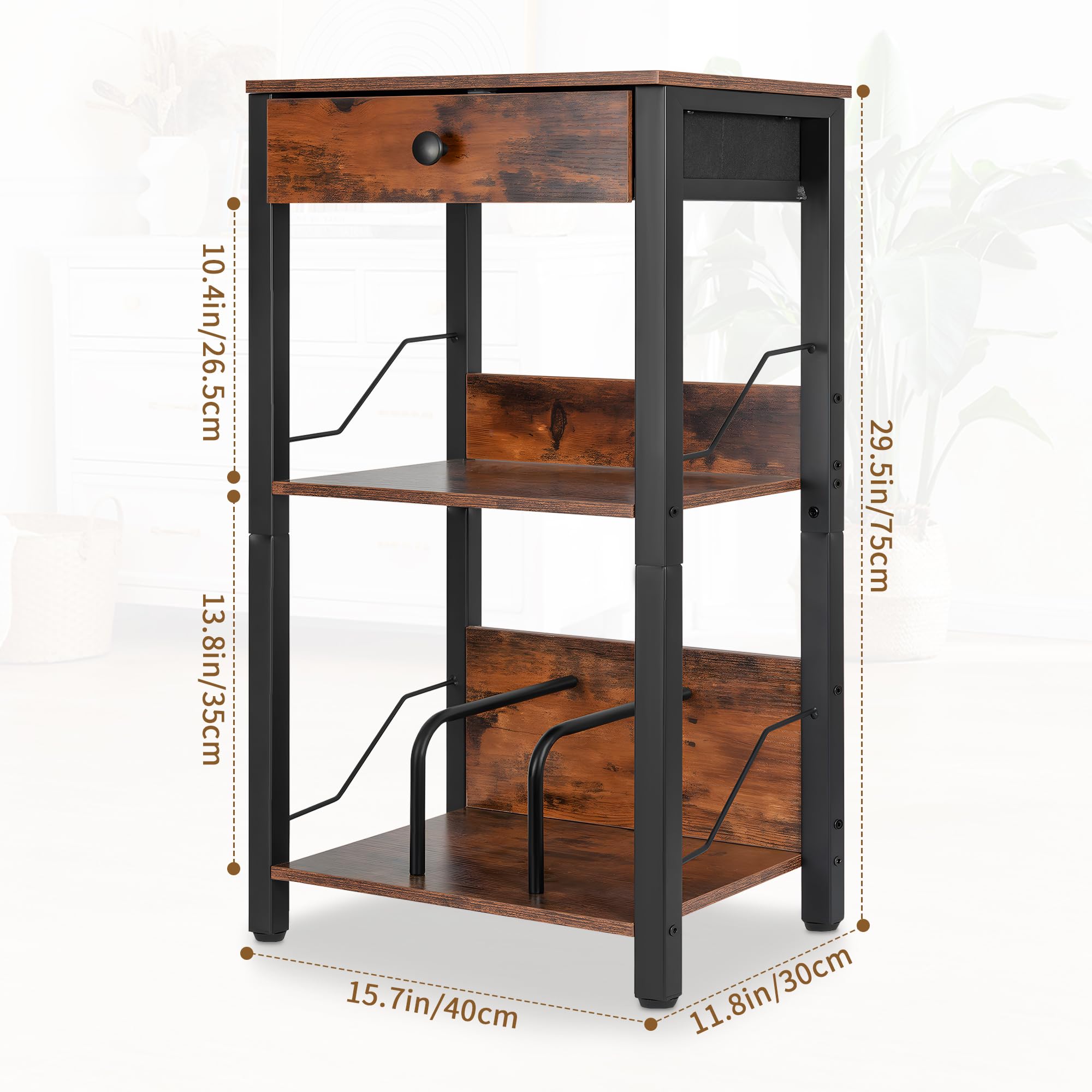 OUUTMEE 3 Niveaux Support pour Tourne-disques Vinyles, Table pour Tourne-disques avec Tiroir | Étagère Jusqu'à 100 Albums, Meuble de Platine Vinyle, Table d'Appoint pour Salon, Chambre et Bureau