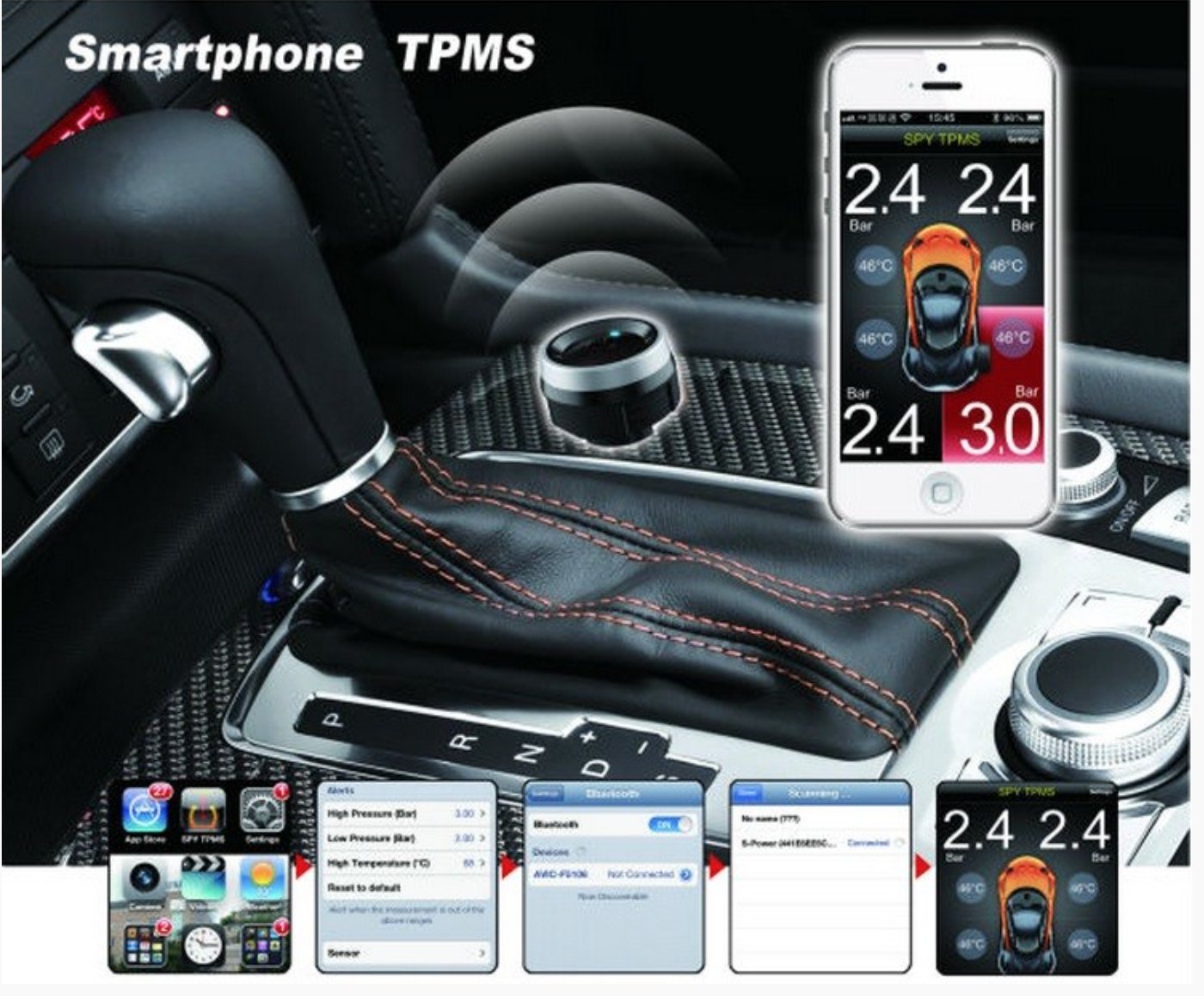 Spy TPMS Sensores de presión de neumáticos controlar Mediante el Smartphone con 4 sensores Internos