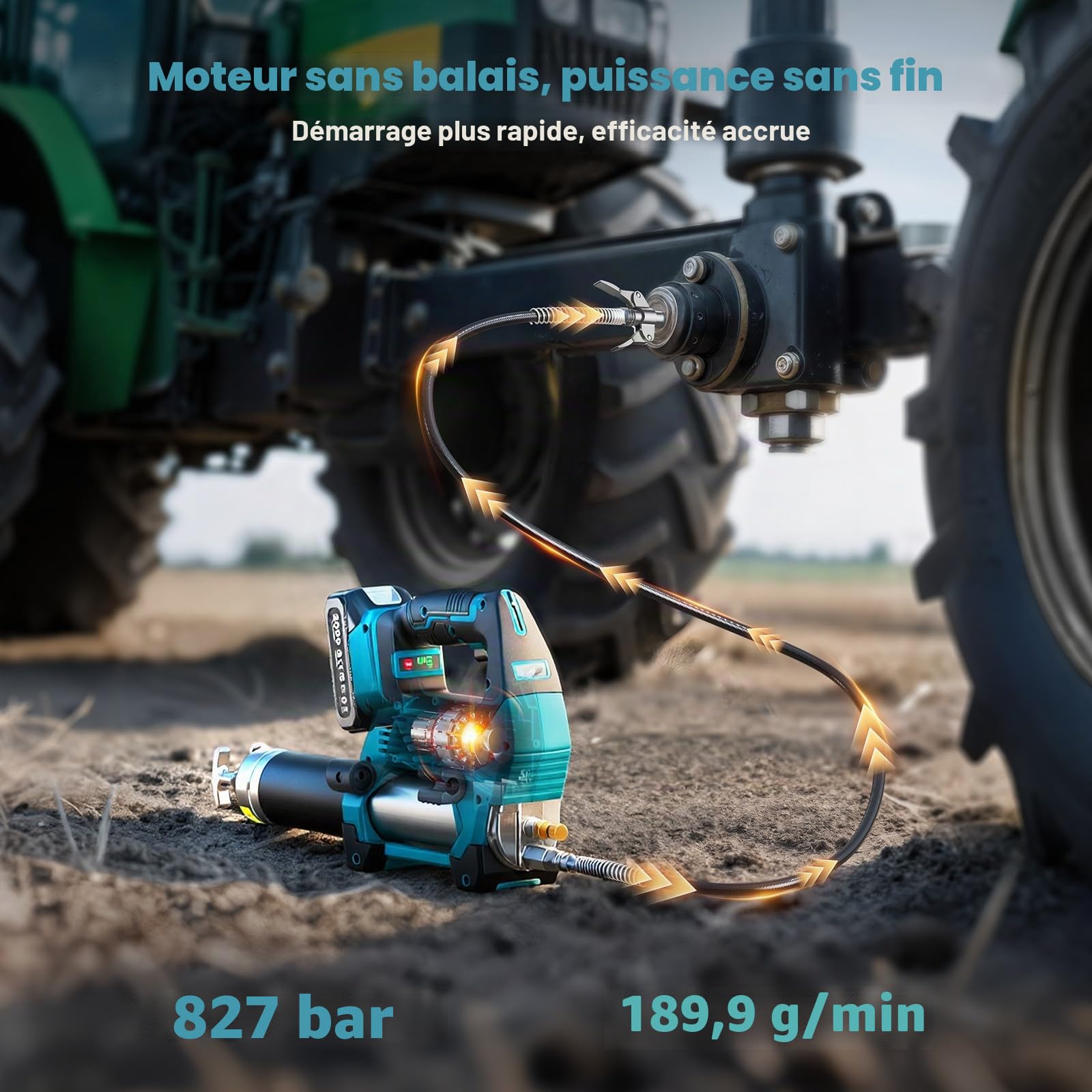 Seesii 12.000PSI Pompe a Graisse Electrique avec 2 Batteries (et Compatible avec la Batterie Makita 18 V), 3 Vitesses, Moteur Brushless, 3 Embout, Tuyau de 1m, Raccord à 90°, pour Équipements Lourds