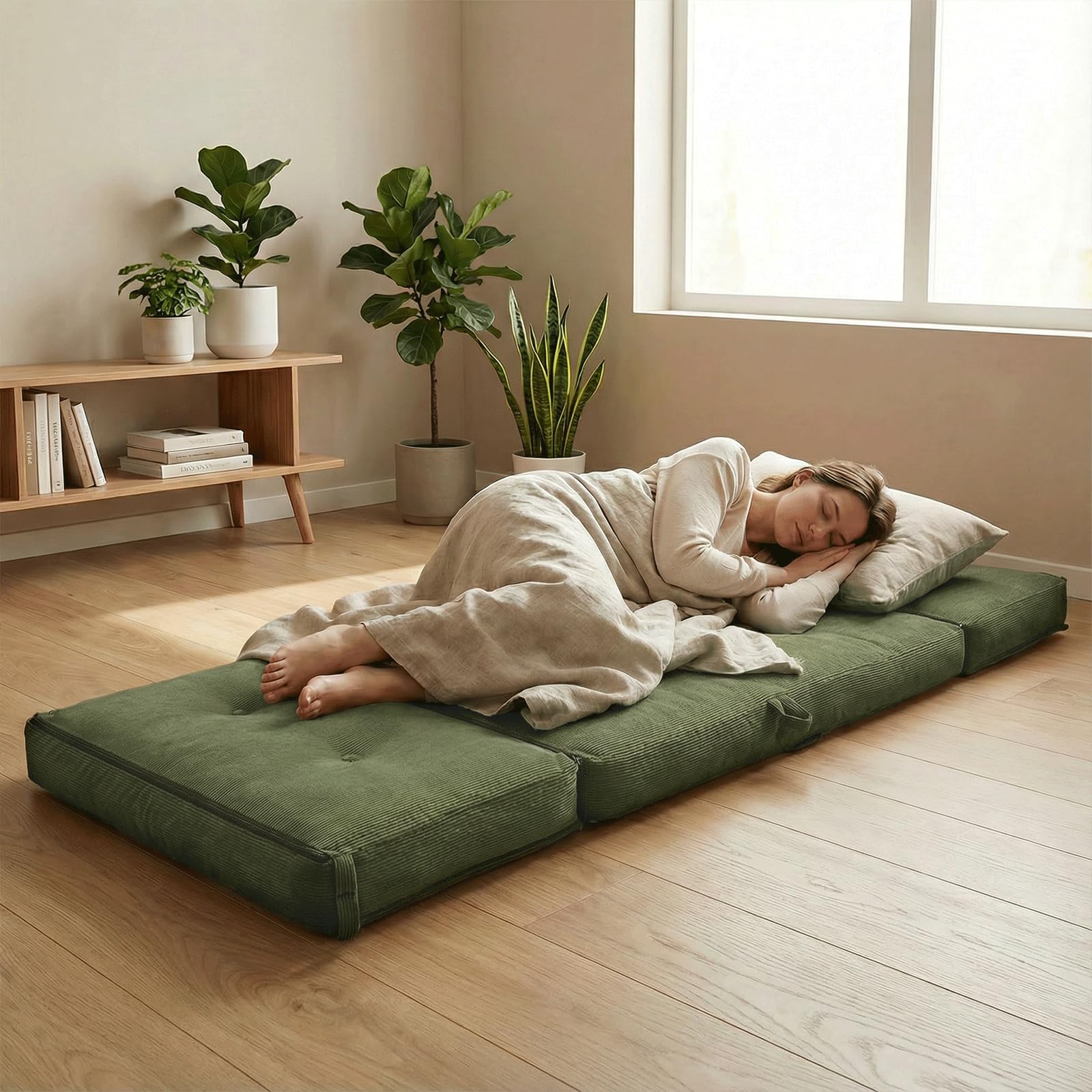 Fabulcozy,Sofá cama Convertible 4 en 1, respaldo de 5 posiciones, pana 8 revestimientos, marco de hierro resistente, asa y correas, versátil para salón u oficina, verde Chiaro