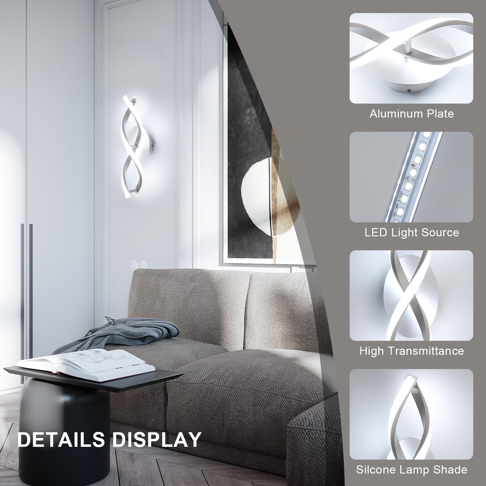 Comely Lámpara de Pared LED 16 W (~1800 lm) – Diseño Curvo Blanco-Plateado 6500 K – Iluminación Interior para Dormitorio, Salón, Pasillo o Escalera