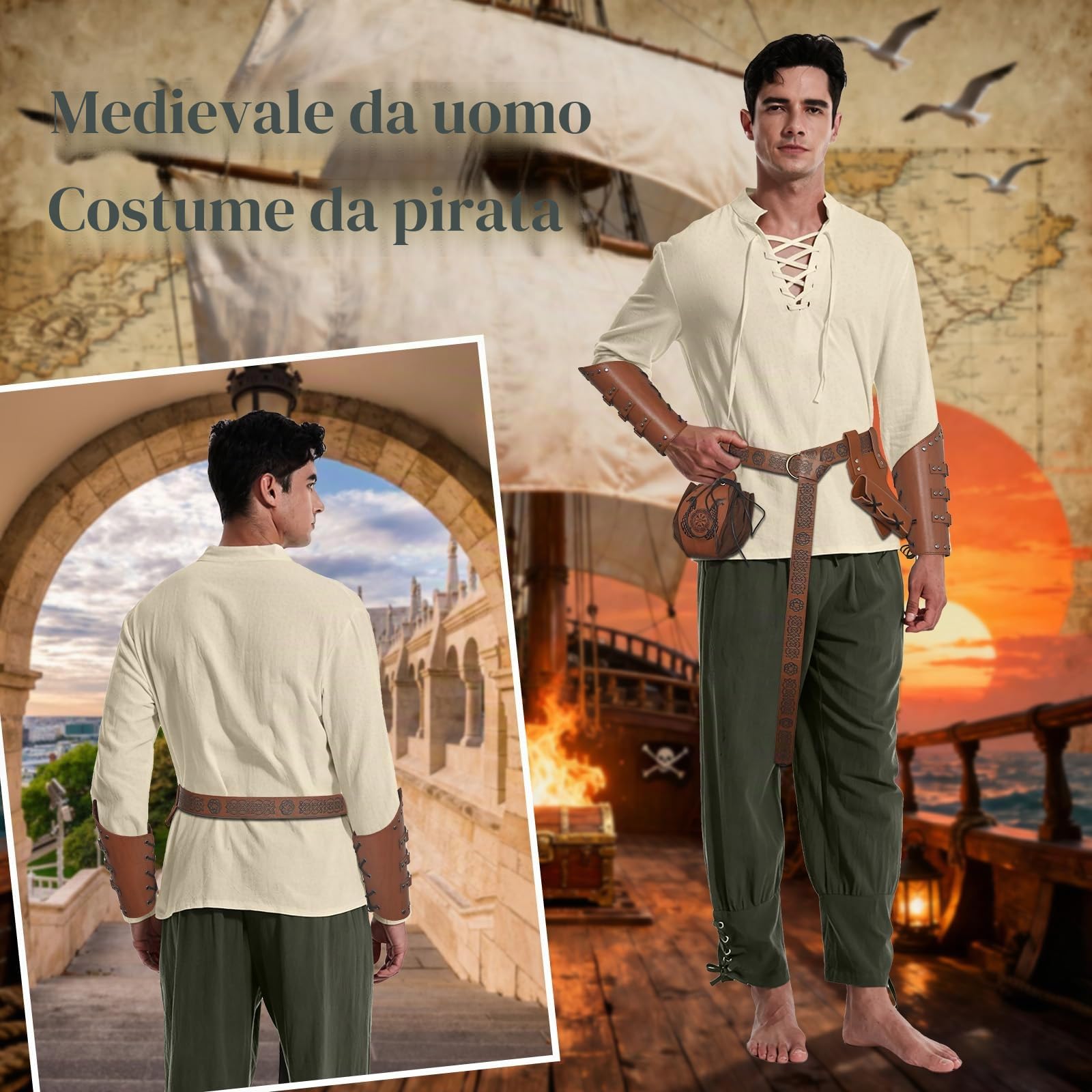 Costume da uomo medievale, set da 6 pezzi, con pirata medievale, top e pantaloni/braccia/cintura/borsa per monete d'oro da pirata/borsa per spada.
