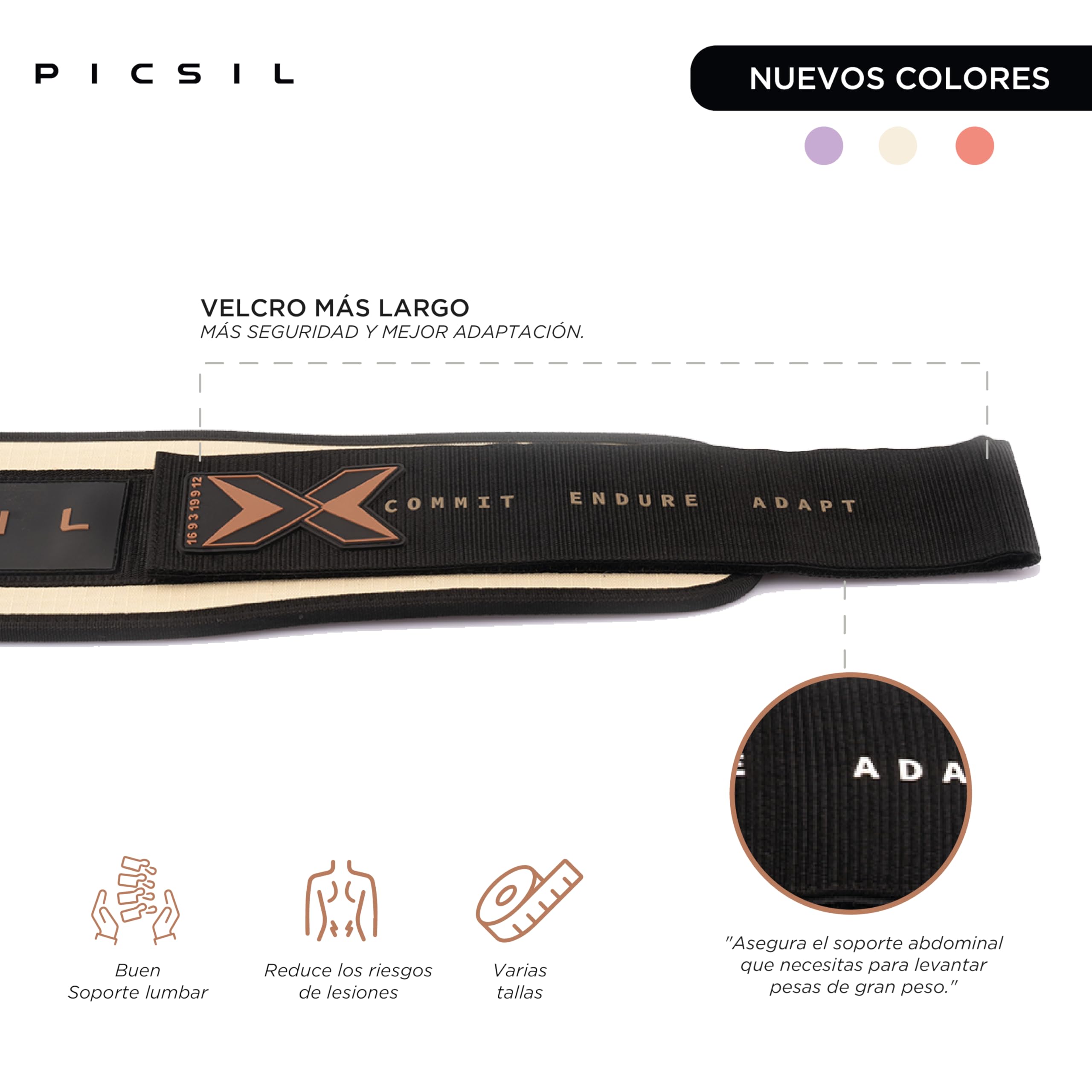 PICSIL - Cinturón Lumbar para Levantamiento Pesas | Personalizable con Parches | Soporte para Cross training y Gimnasio | Faja de Fuerza para Hombre y Mujer |