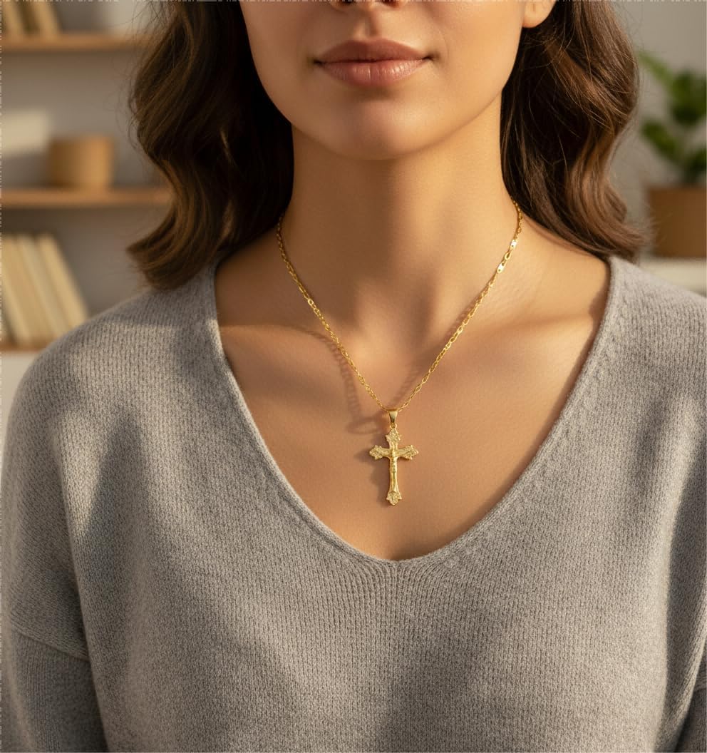 Gold Crucifix Necklace 14K Gold Cross Necklace Jesus Cross Pendant Religious Catholic Jewelry for Men Women - Image 2