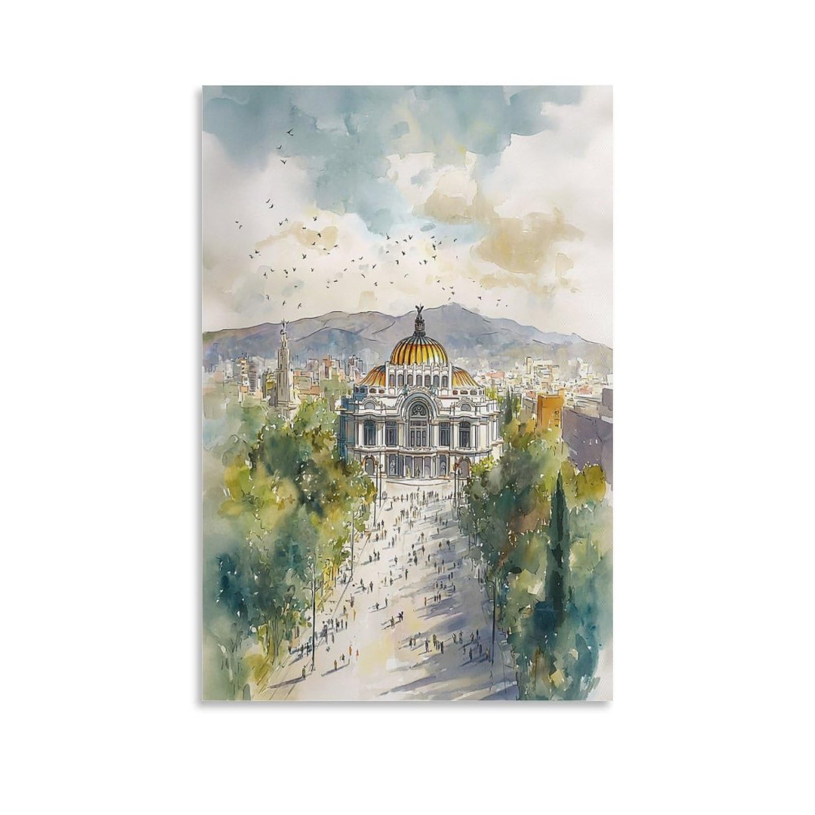 XWYMXZ Mexico City Watercolor Painting 24x36inch(60x90cm) Vintage Travel Poster Watercolor Canvas Art