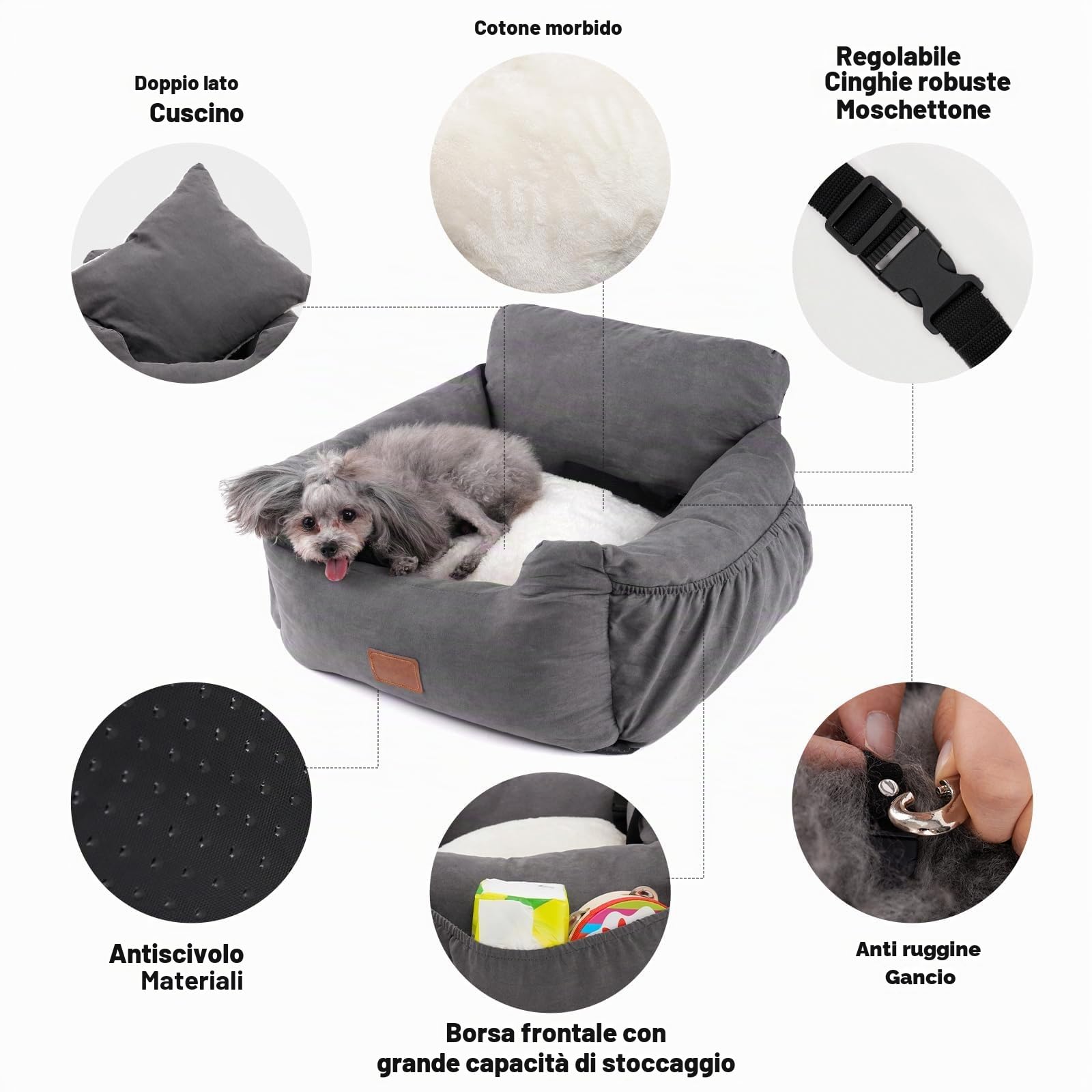 Seggiolino auto per cani,Seggiolino da viaggio per cani,Seggiolino Auto per Cani di Piccola e Media Taglia,Comodo e Sicuro,può Essere smontato e Pulito Facilmente (Grigio, Medio)